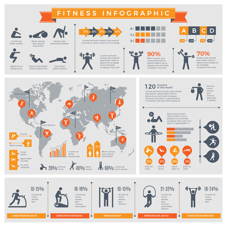 Fitness infographic. Sport lifestyle healthy people making exercises in gym or outdoor vector infographic template. Illustration of fitness and sport exercise, health activity infographicのイラスト素材