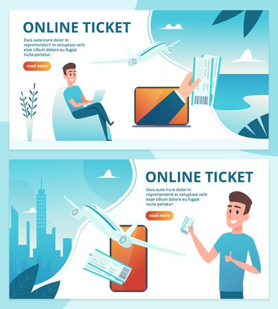 Air ticket online. Order avia tickets using mobile smartphone vector landing page web template. Airplane service, avia tourism illustrationのイラスト素材