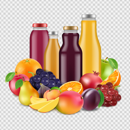 Realistic fruits and juices vector isolated on transparent background. Organic juicy fresh, mango and grape, pear and orange, apple and pomegranate illustrationのイラスト素材