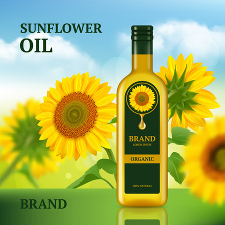 Sunflower oil. Advertizing design template for magazine chef liquid product in bottle vector background realistic. Oil bottle sunflower, organic cooking illustrationのイラスト素材