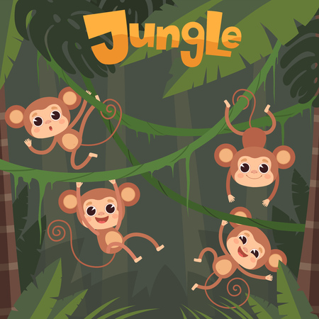 Monkey playing. Little wild animals sitting and eating banana on jungle tree vector chimpanzee cartoon background. Illustration of cartoon wildlife chimpanzee swinging and hangingのイラスト素材