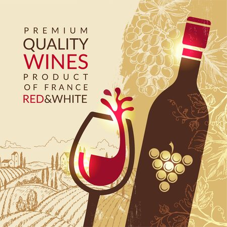Wine poster. Vintage placard with pictures of grapes and vineyard landscape vector picture for restaurant bistro menu design. Wine drink bottle, winery menu banner illustrationのイラスト素材