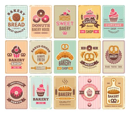 Vintage bakery cards. Delicious pastries cafe shop and cakes vector labels. Donut and cupcake, shop bakery, cooking delicious banner illustrationのイラスト素材