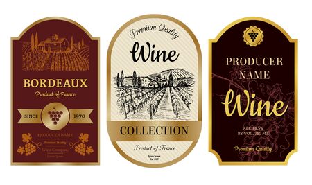 Vintage wine labels. Alcohol badges with pictures of vineyard chateau village bordeaux labels vector collection. Illustration of badge banner and emblem, wine drink stickerのイラスト素材