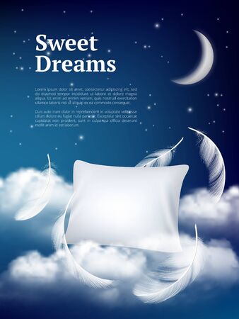 Night dream pillow. Advertizing poster with pillows clouds and feathers comfortable space vector realistic concept. Illustration of night sleep, pillow with featherのイラスト素材