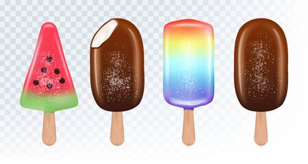 Eskimo ice cream vector set. Fruit ice and chocolate ice cream isolated on white background. Ice cream dessert, watermelon and rainbow slice illustrationのイラスト素材