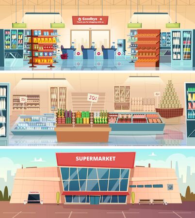 Supermarket facade. Grocery food market interior mall inside cashier vector cartoon illustrations. Supermarket and grocery, facade retail, hypermarket showcase. Super market facade, groceries and shopのイラスト素材