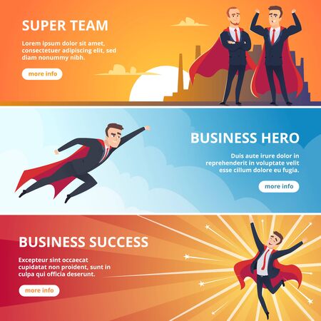 Superheroes business banners. Male characters business concept vector illustrations. Succes super leadership in red cloak, businessman in capeのイラスト素材