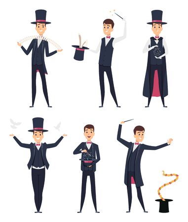 Magician. Circus showman actor male illusionist vector cartoon characters. Magician and illusionist, showman with snake and dove illustrationのイラスト素材