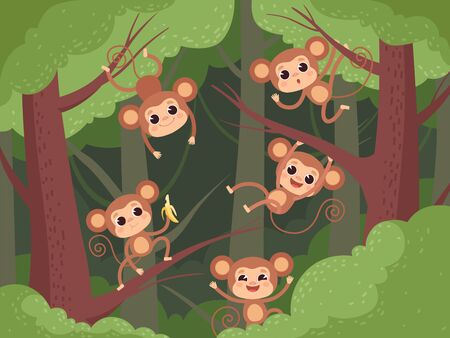 Monkey in jungle. Wild little animals playing on tree and liana and chimpanzee eating fruits banana vector cartoon background. Animal hanging, monkey on liana illustrationのイラスト素材