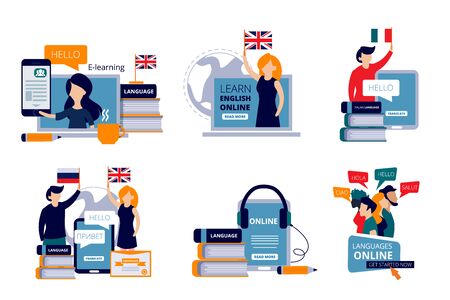 Language courses. Vector characters study different languages english italian chinese in training center concept illustrations. Study language distance, teaching course and trainingのイラスト素材