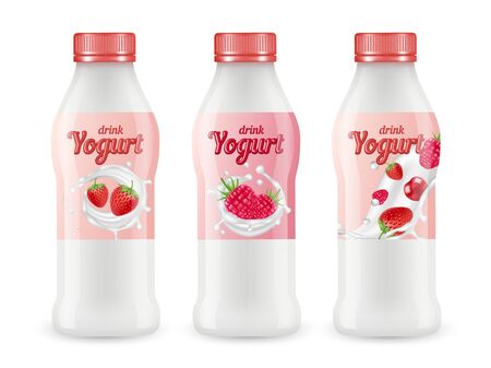 Drink yogurt realistic vector set. Bottles of berry yogurt isolated on white background. Illustration of bottle healthy yogurt with strawberry and raspberryのイラスト素材