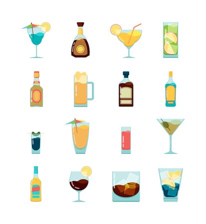 Cocktail alcoholic icon. Martini vodka and different alcoholic summer drinks vector flat pictures. Illustration of martini and gin, drink alcoholic liquid, brandy and beerのイラスト素材
