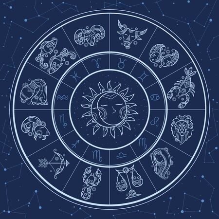 Astrology circle. Magic infographic with zodiac symbols gemini horoscopes wheel fish gemini aries lion vector template. Horoscope and zodiac, aquarius and gemini, capricorn and lion illustrationのイラスト素材