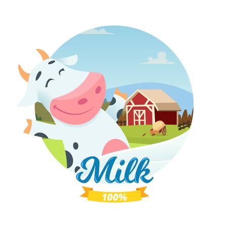 Fresh farm milk vector banner with cartoon character happy cow. Farm milk dairy fresh, farming emblem illustrationのイラスト素材