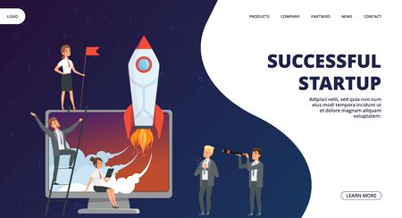 Startup landing page. Vector successful business team web banner. Illustration of launch rocket, startup success, success teamのイラスト素材