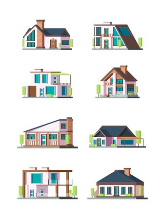 Modern cottages. Villa new living home residence townhouse vector flat collection. Illustraion of facade house, apartment construction architectureのイラスト素材