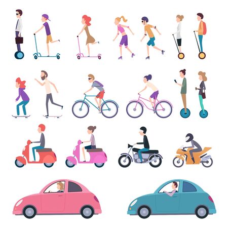 Urban transport. People riding city vehicle bicycle driving electrical scooter skate vector cartoon illustration. Bicycle and vehicle, ride urban drive, city transportationのイラスト素材
