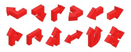 3D arrows. Isometric red multidirectional arrows vector set. Illustration arrow isometric direction, up straight, directional perspectiveのイラスト素材
