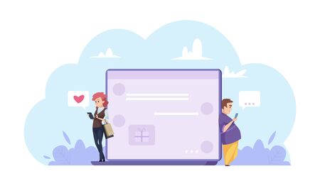 Online dating concept. Man and woman chatting online. Cartoon character people, laptop, chat. Character woman and man online, internet dating network illustrationのイラスト素材