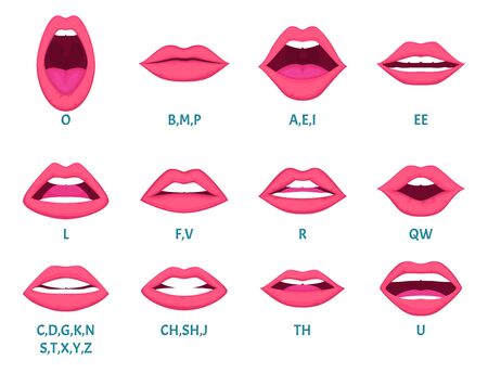 Female mouth animation. Sexy lips speak sounds pronunciation english letters animation frames vector template. Animation expression, facial talk and speak english language illustrationの素材 [FY310130034057]