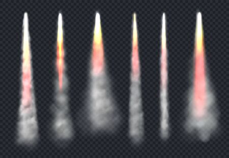 Launch rocket smoke. Aircraft flying effect fog and fire speed flowing sky steam vector realistic templates. Rocket smoke, flight start up, spaceship takeoff illustrationのイラスト素材