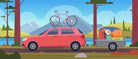 Road trip vacation. Travellers family in car with luggage adventure minivan vector cartoon background. Illustration trip car with luggage, adventure minivan transportationのイラスト素材