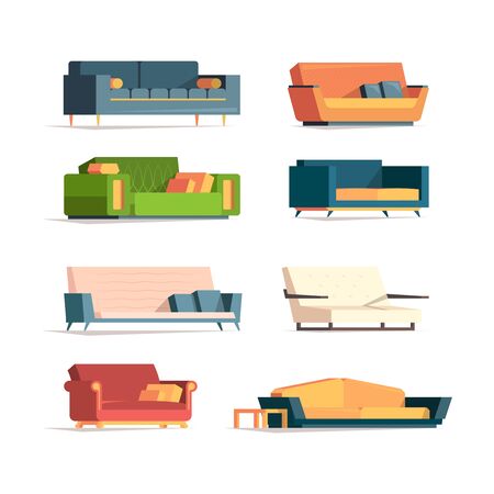 Flat sofa. Soft furniture divan couch canaps luxury armchairs vector collection. Illustration couch and sofa for interior design, divan comfortable and cozyのイラスト素材