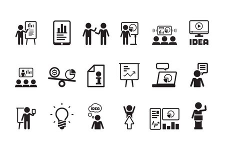 Business lesson icon. Presentation training speaking events conferences classroom meeting people vector symbols pictogram. Businessman presenting education, learn and training illustrationのイラスト素材