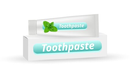 Mint toothpaste. Realistic white box packaging and vector toothpaste tube isolated on white background. Illustration tooth paste with mint for whitening and hygieneのイラスト素材