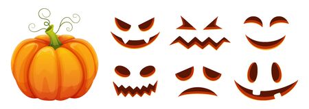 Halloween pumpkin faces generator. Vector cartoon pumpkin with scared and smiley faces. Illustration halloween scared face, pumpkin smileyのイラスト素材