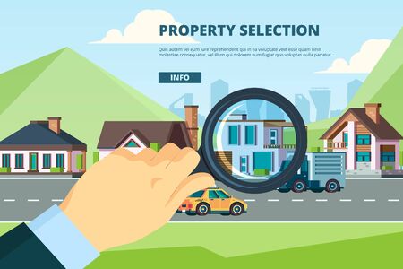 Rent house. Searching new modern townhouse residential sale mortage property company vector concept. Illustration real estate building , townhouse housingのイラスト素材