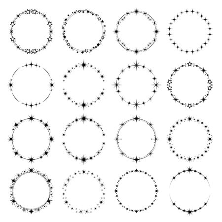 Stars round frames. Stardust rings shine effect party swirling rounded cosmic fashion magic stars vector. Star rounded frame, ring monochrome asterisk illustrationのイラスト素材