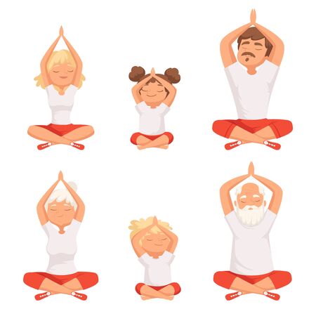 Yoga family. Parents and kids making exercises of yoga and meditation pose buddhism elderly male and female vector pictures. Family doing yoga, grandfather and grandmother meditate illlustrationのイラスト素材