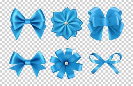 Blue satin bows. Silk ribbon bows vector with pearls isolated on transparent background. Satin bow and silk decoration to celebration illustrationのイラスト素材