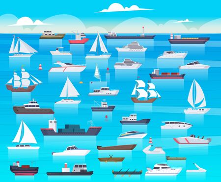 Ship in sea. Sailing boats and passenger cruise ship travel in ocean cargo submarine and yacht vector background cartoon. Transport boat and tanker, shipping transportation raid sea illustrationのイラスト素材