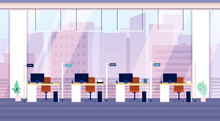 Bank interior. Business investment center indoor empty financial office vector background. Office bank interior, desk with workplace illustrationのイラスト素材