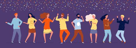 Happy dancers. Night party people dancing under confetti corporate holiday vector pictures. Illustration dancer happy, dance crowd man and womanのイラスト素材
