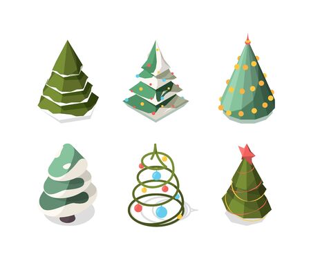 Christmas tree isometric. New year symbols plants decoration green xmas tree vector collection. Illustration christmas isometric holiday, winter celebration treeのイラスト素材