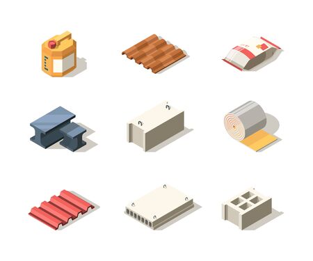 Construction materials. Pile bitumen sack sand roofing slab wall decoration vector isometric collection for builders. Illustration of cement and construction roof materialのイラスト素材