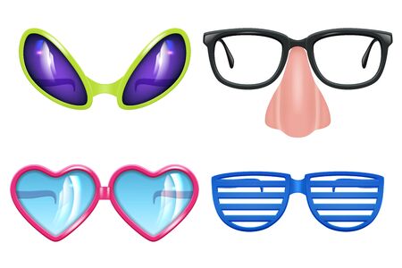Masquerade glasses. Celebration funny items different forms of party mask glasses vector realistic collection. Funny glasses to masquerade celebration illustrationのイラスト素材