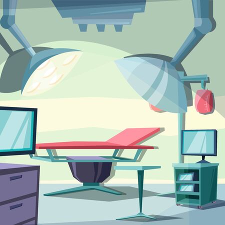 Surgery room. Emergency clinic hospital interior operating table vector surgery vector cartoon picture. Illustration emergency hospital room, surgery and treatmentのイラスト素材