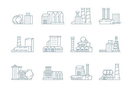 Factory icon. Industrial energy production building with big pipe steam factory vector linear symbols. Illustration building factory, production industry power plantのイラスト素材