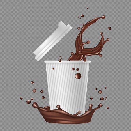 Takeaway coffee. White paper cup, coffee splashes. Vector realistic hot chocolate illustration. Paper realistic cup of coffee, beverage chocolateのイラスト素材