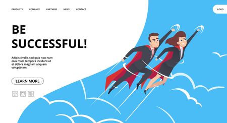Successful business. Web page with male and female superheroes background. Teamwork heroes flying in sky vector business landing concept. Business superhero, businessman achievement illustrationのイラスト素材