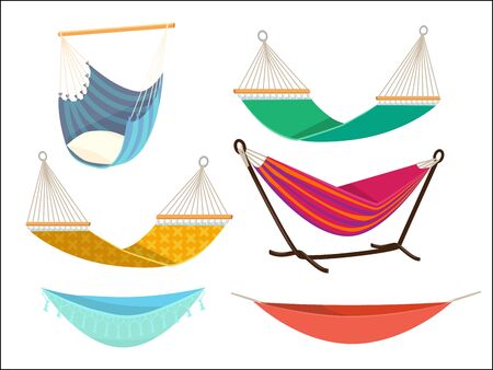 Hammock set. Comfort lifestyle outdoor bed rest place from fabric vector cartoon collection. Hammock swing relax, relaxation comfortable illustrationのイラスト素材