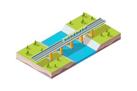 Railway viaduct. Urban train above river modern city infrastructure railroad vector isometric. Railway train, railroad transportation bridge illustrationのイラスト素材