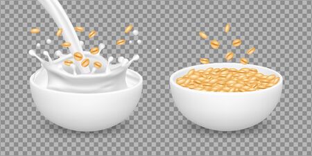 Oatmeal. Milk, muesli, wheat healthy organic food. Realistic vector white bowls with oatmeal. Cereal breakfast with milk, natural porridge oatmeal illustrationのイラスト素材