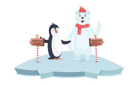 North South pole signs. Polar bear and penguin poles vector illustration. Cute cartoon animals on ice with wooden road signs. North and south direction message informationのイラスト素材