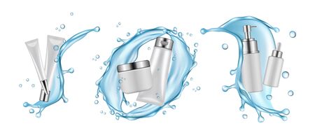 Realistic cosmetics packaging, water splashes. Moisturizing cosmetics, serum, cream vector set. White bottles and water. Realistic package in blue water, product to skin cosmetic illustrationのイラスト素材